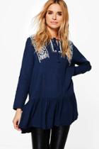 Boohoo Ellie Embroidered Frill Detail Smock Top Marine