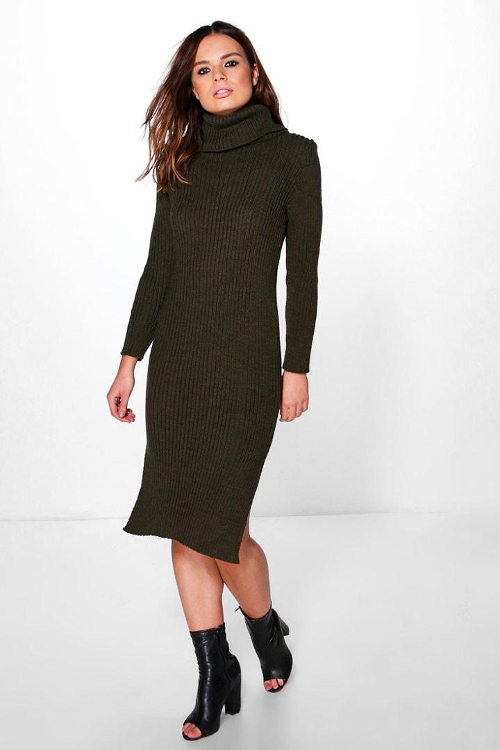 Boohoo Rachel Roll Neck Rib Knit Jumper Dress Khaki