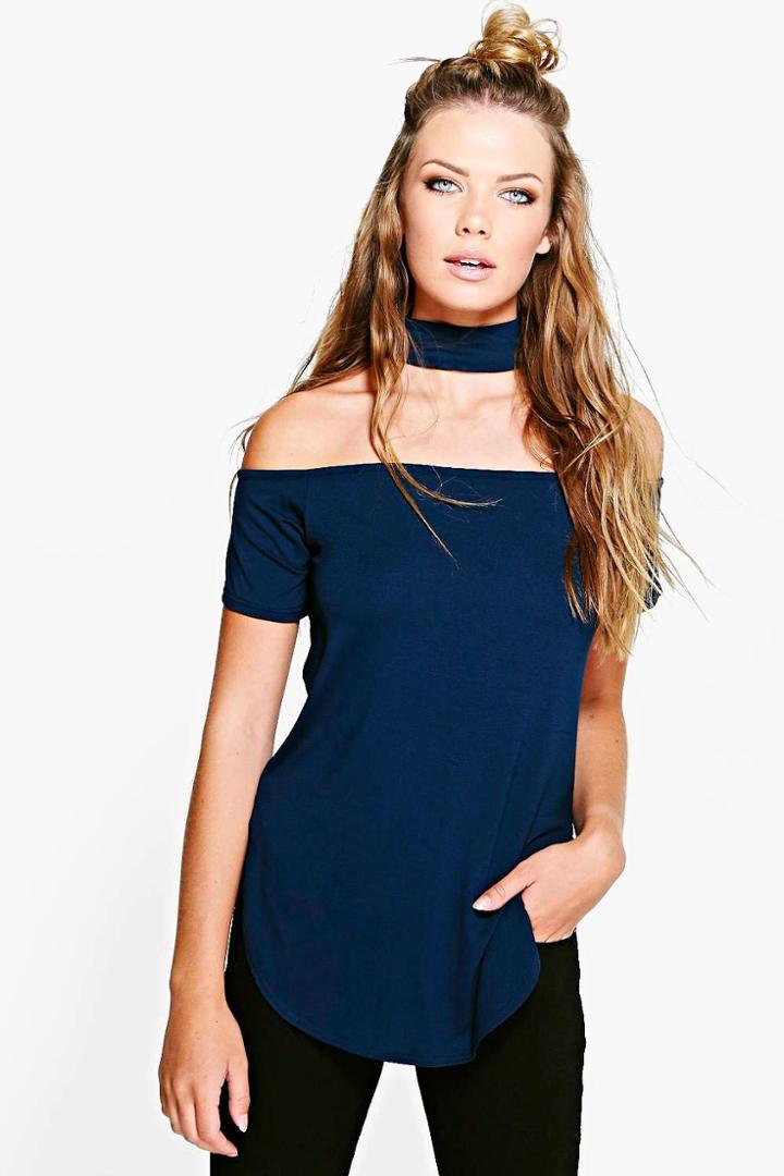 Boohoo Katie Choker Split Side T-shirt Navy