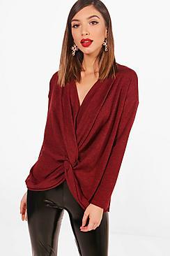 Boohoo Nicola Knot Front Drape Knitted Top