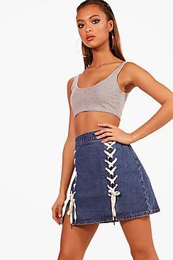 Boohoo Charlotte Lace Up Detail Denim Skirt