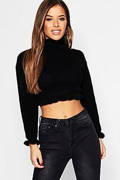 Boohoo Petite Ruffle Neck Crop Jumper