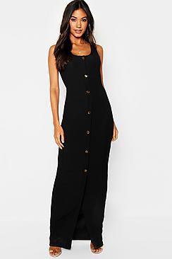 Boohoo Mock Horn Button Ribbed Maxi Dress