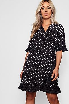 Boohoo Plus Chelsea Contrast Spot Ruffle Tea Dress