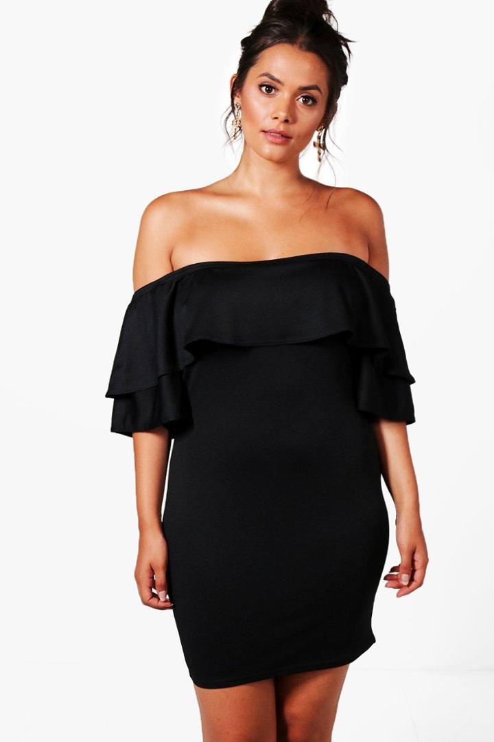 Boohoo Plus Bella Off The Shoulder Frill Bodycon Dress Black