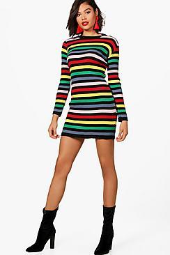 Boohoo Sophie Rib Knit Multi Stripe Dress