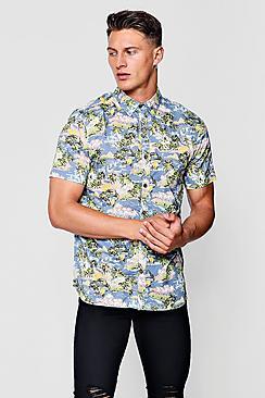 Boohoo Blue Hawaiian Print Short Sleeve Shirt