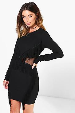 Boohoo Mona Long Sleeve Tassel Bodycon Dress