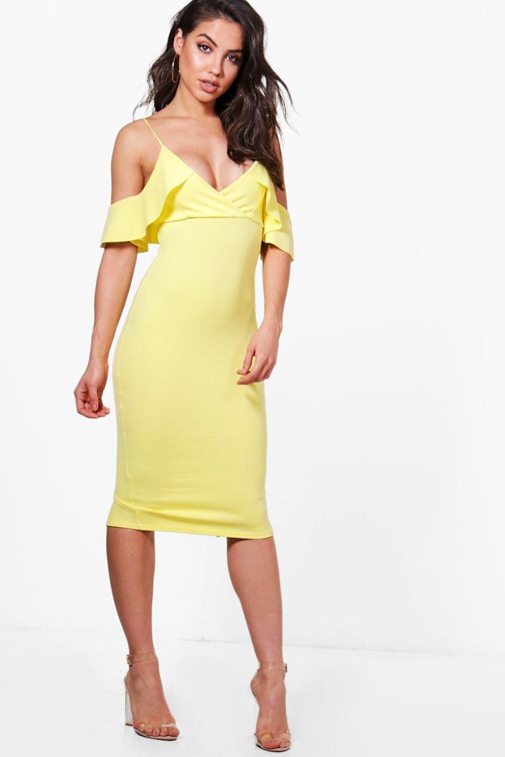 Boohoo Xenia Cold Shoulder Frill Midi Dress Lemon