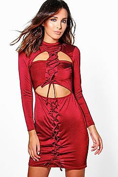 Boohoo Kila Lace Up Bodycon With Cut Out Dress