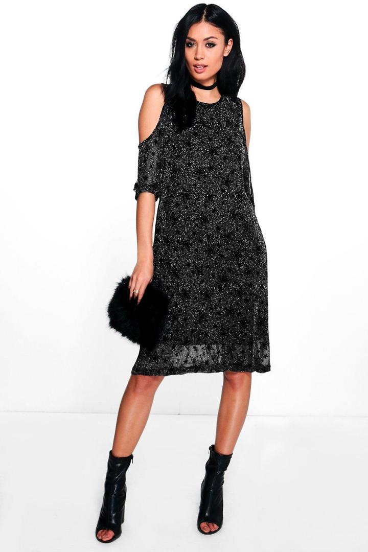 Boohoo Caroline Cold Shoulder Printed Dress Black