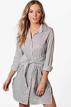 Boohoo Mia Tie Waist Stripe Shirt