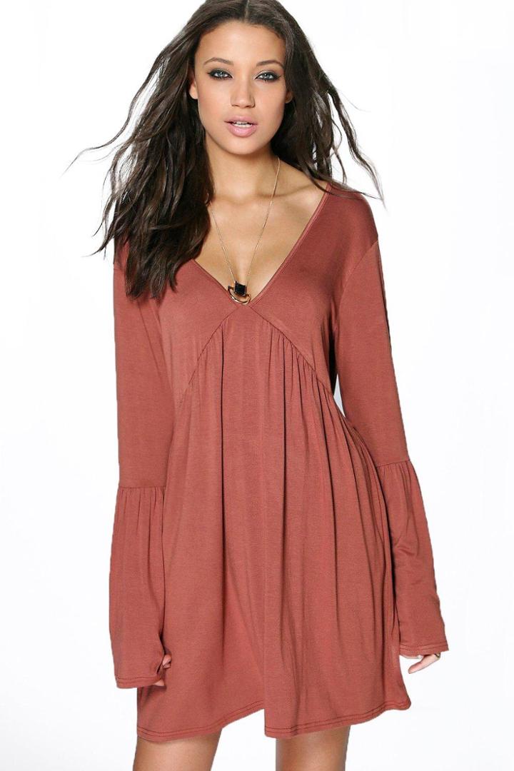 Boohoo Tall Millie V Neck Swing Dress Chestnut