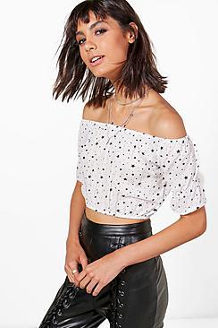 Boohoo Ella Star Print Off The Shoulder Crop Top