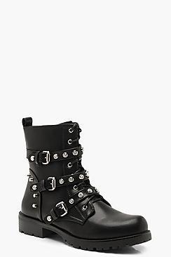 Boohoo Studded Buckle Detail Biker Boots