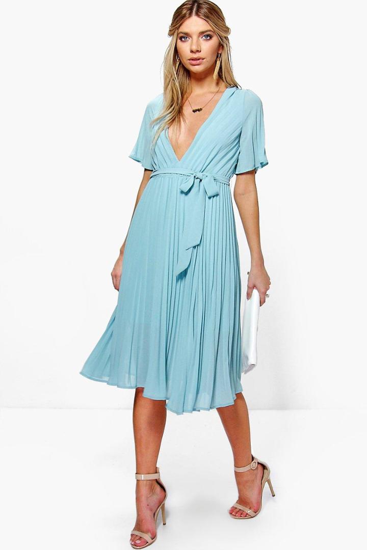 Boohoo Boutique Erity Pleated Plunge Neck Midi Dress Blue