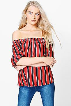 Boohoo Leah Stripe Split Back Bardot Top