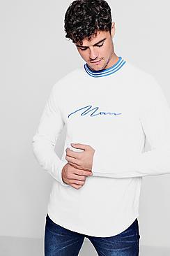 Boohoo Long Sleeve Curve Hem Man Embroidered T-shirt