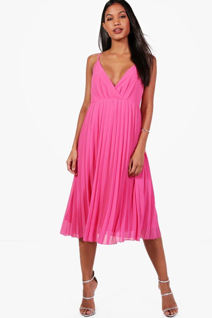 Boohoo Frankie Chiifon Pleated Midi Skater Dress Lipstick