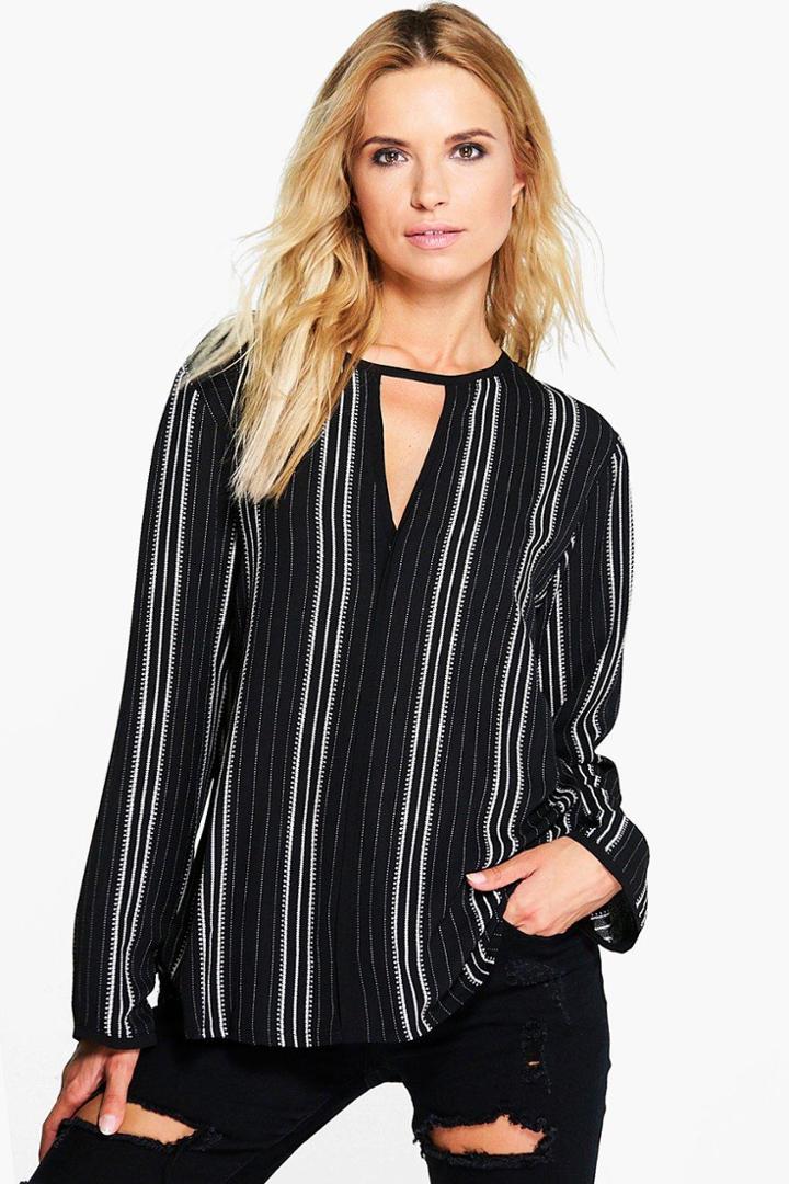 Boohoo Heidi Printed Long Sleeve Neck Band Blouse Black