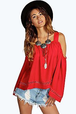 Boohoo Teresa Open Shoulder Crochet Trim Peasant Blouse