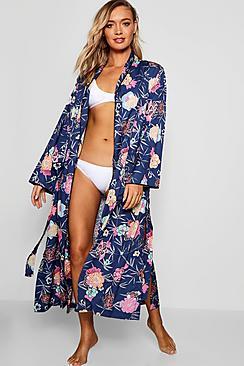 Boohoo Satin Floral Maxi Beach Kimono