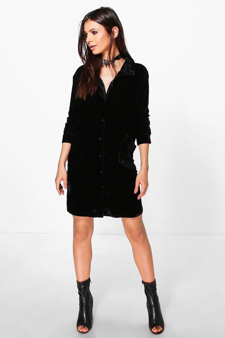 Boohoo Boutique Natasha Immi Velvet Shirt Dress Black