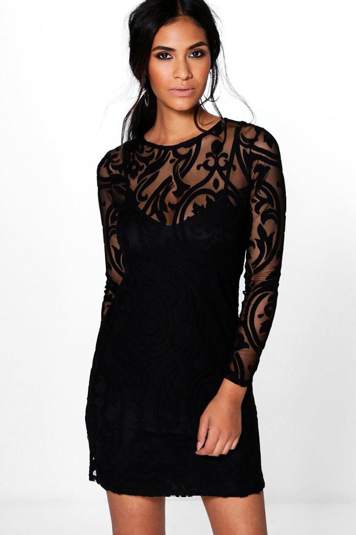 Boohoo Emma Flock And Mesh Bodycon Dress Black