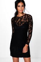Boohoo Emma Flock And Mesh Bodycon Dress Black