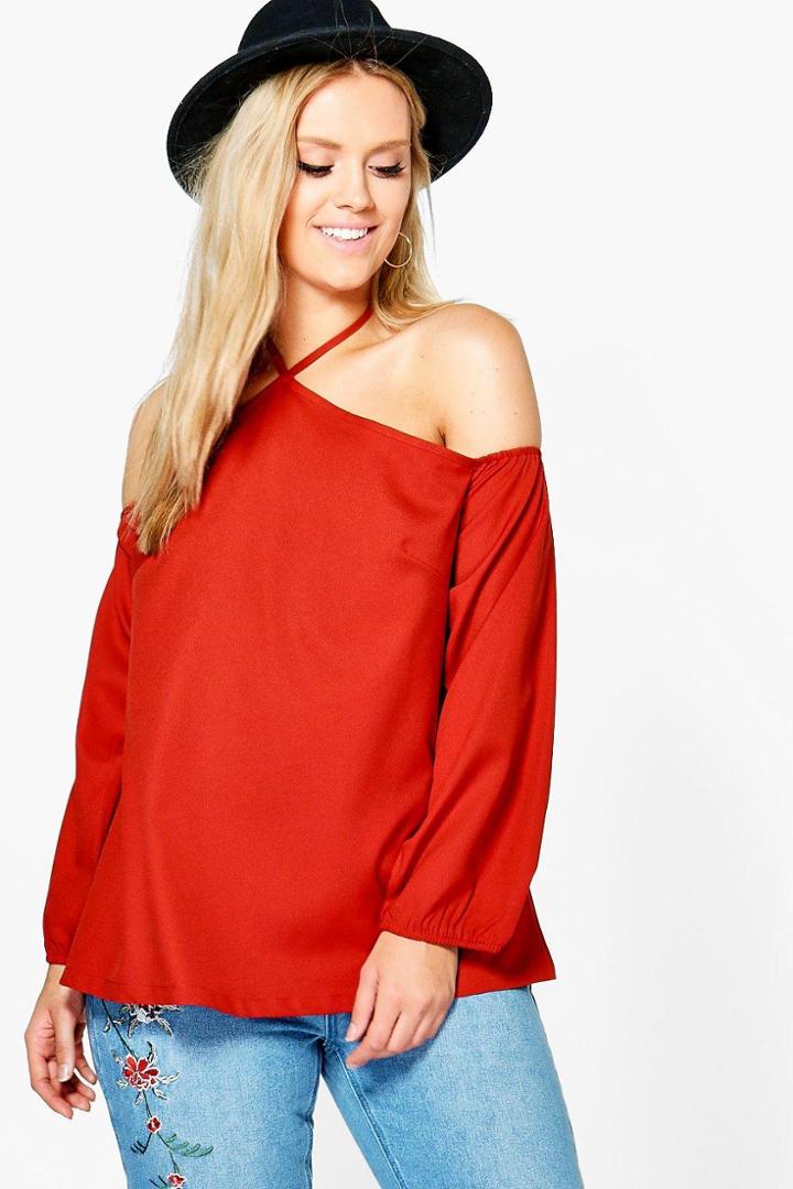 Boohoo Plus Maisie Open Shoulder Woven Blouse Cinnamon