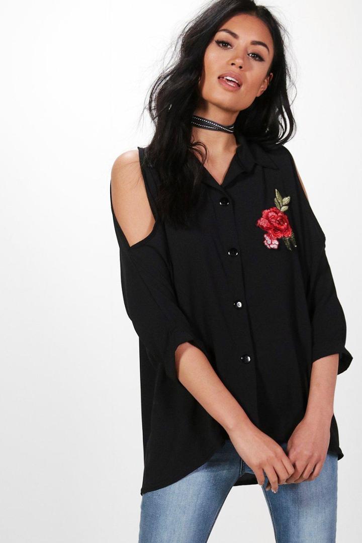 Boohoo Lauren Embroidered Cold Shoulder Shirt Black