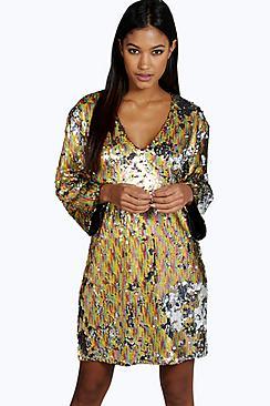 Boohoo Boutique Hazel Multi Sequin V Neck Shift Dress