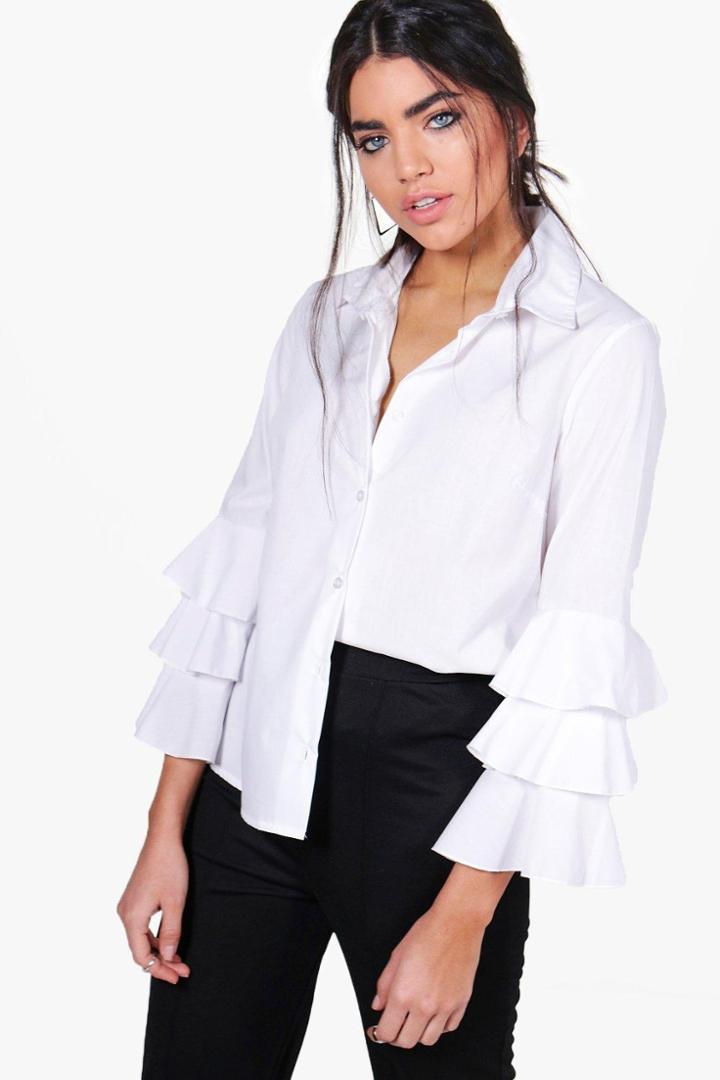 Boohoo Stacey Ruffle Sleeve Shirt White