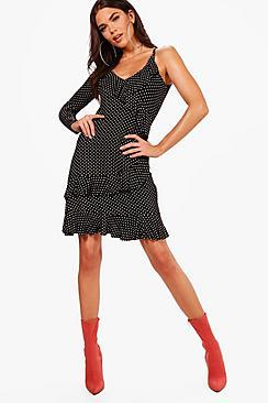 Boohoo Tall One Shoulder Polka Dot Print Ruffle Tea Dress