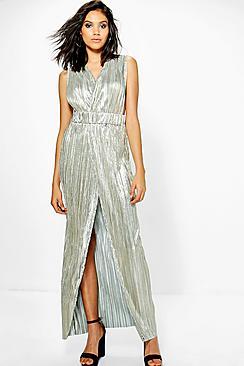 Boohoo Lottie Metallic Pleat Wrap Plunge Maxi Dress
