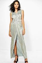 Boohoo Lottie Metallic Pleat Wrap Plunge Maxi Dress