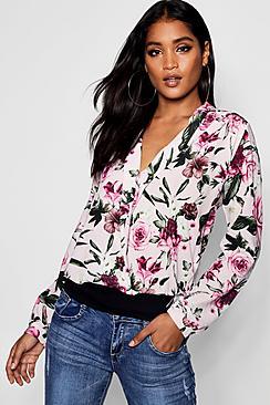Boohoo Helen Wrap Chiffon Pink Based Floral Blouse