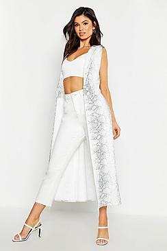 Boohoo Sleeveless Snake Print Collar Detail Duster