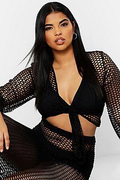 Boohoo Plus Open Mesh Tie Front Beach Top
