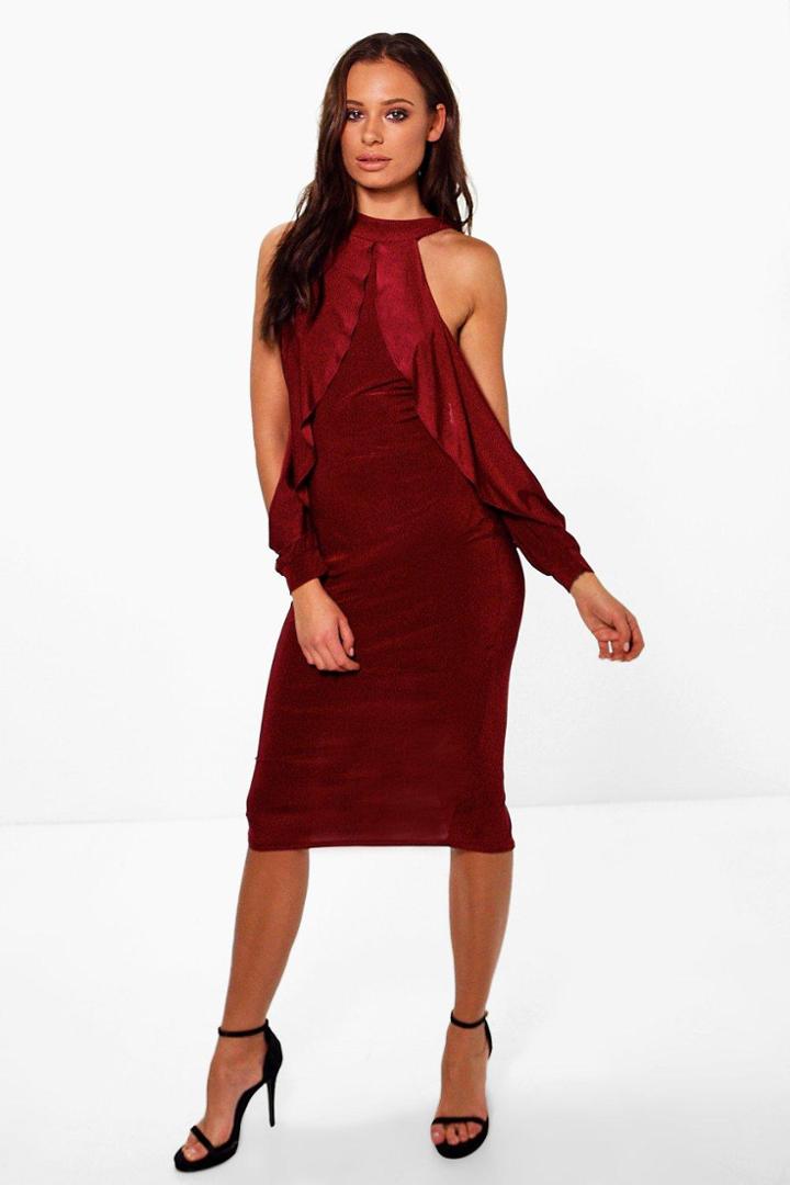 Boohoo Ayla Slinky Open Shoulder Midi Bodycon Dress Berry