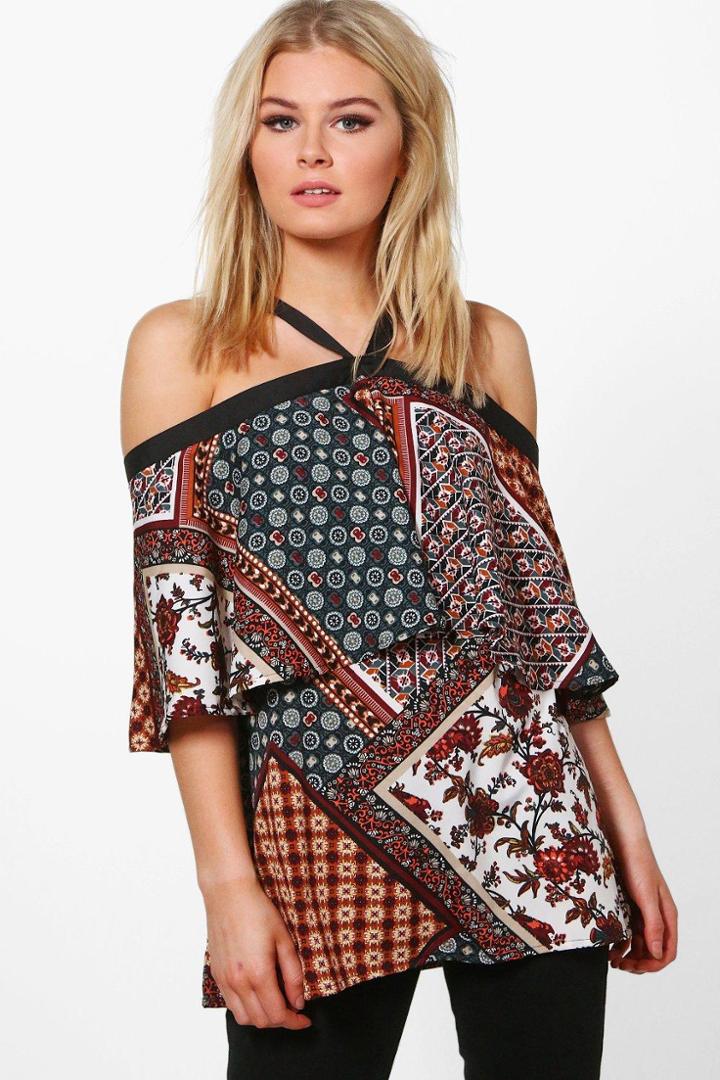 Boohoo April Woven Cross Neck Paisley Top Multi