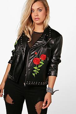 Boohoo Plus Holly Embroidered Studded Biker Jacket