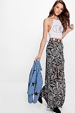 Boohoo Sari Mono Paisley Double Split Maxi Skirt