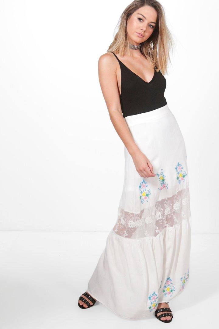 Boohoo Petite Eve Embroidered Lace Insert Tiered Maxi Skirt Ivory