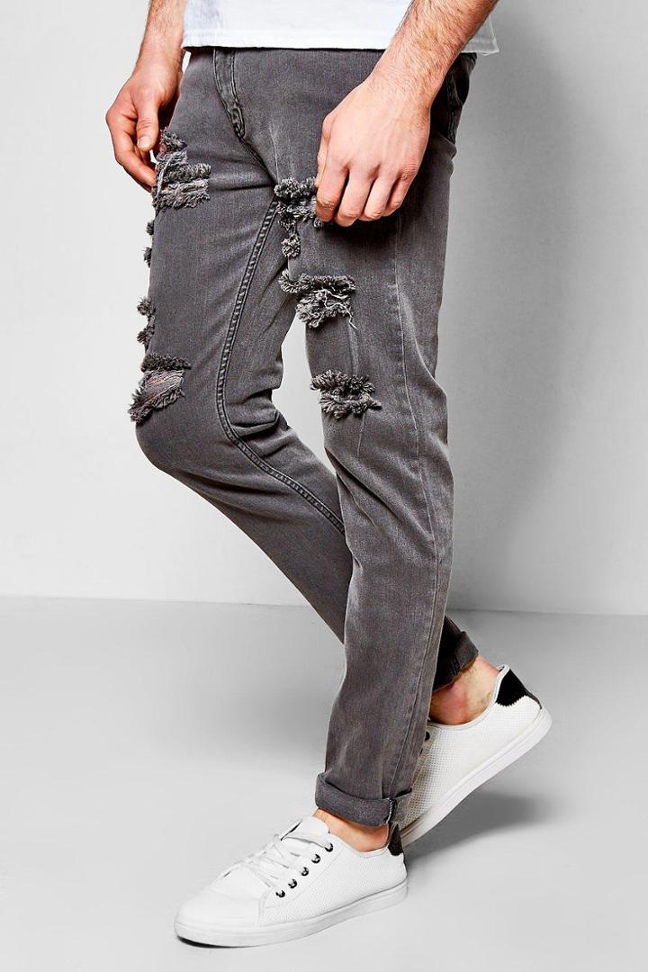 Boohoo Skinny Fit Light Grey Multi Ripped Jean Grey