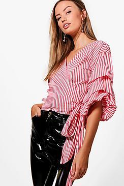 Boohoo Erin Stripe Ruffle Sleeve Wrap Shirt