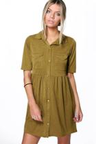 Boohoo Polly Shirt Pocket Dress Olive