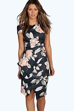 Boohoo Misty Asymmetric Peplum Floral Print Midi Dress
