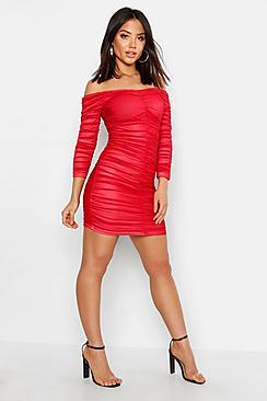 Boohoo Ruched Off The Shoulder Bodycon Dress