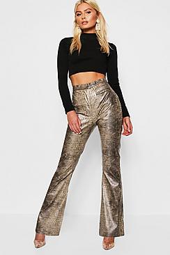 Boohoo Pu Snake Print Flared Leather Look Trousers